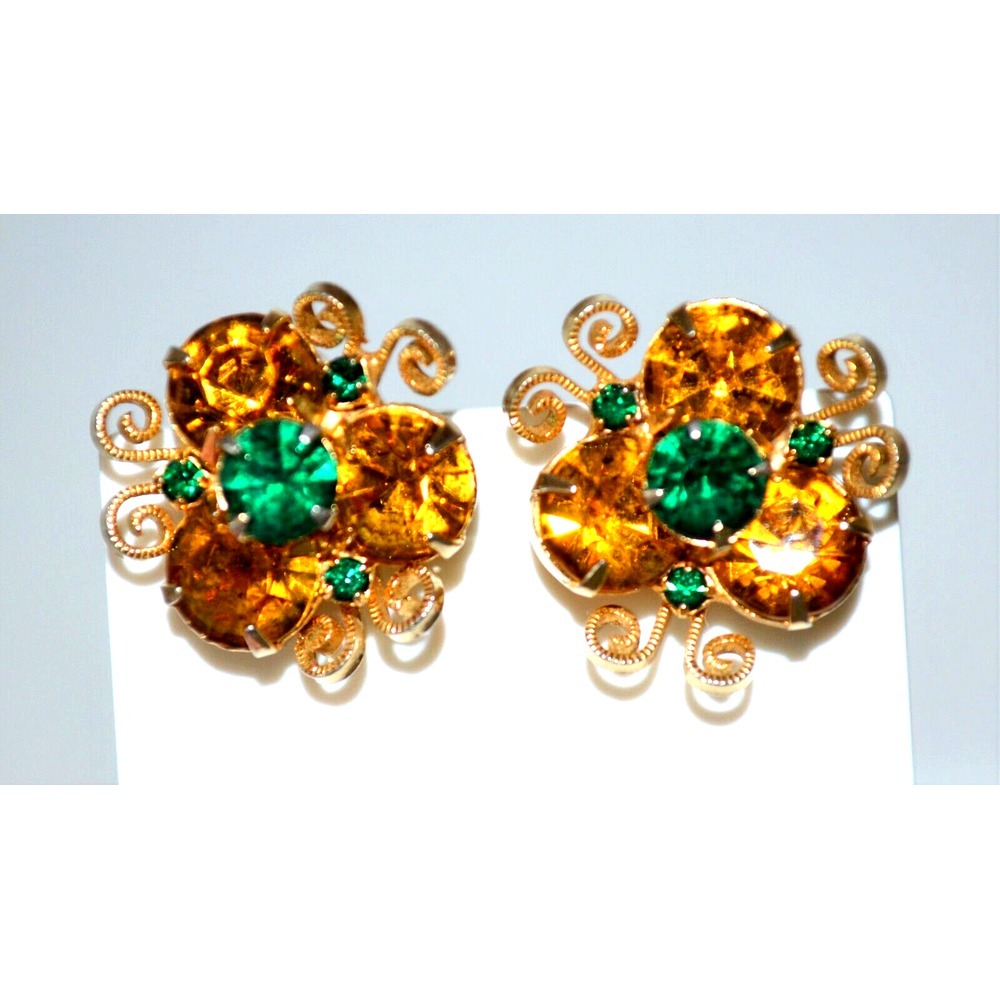 Vintage Gold‎ Tone Metal Clip On Earrings Beautiful Orange & Green Rhinestones